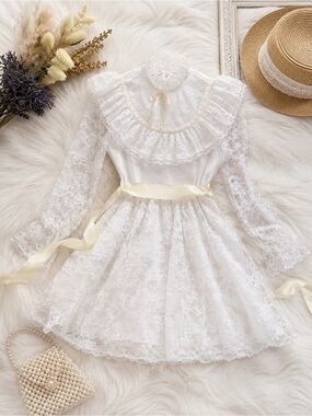 Vintage Merry Girl White Lace Floral Party Dress Size 7 Long Sleeve Victorian